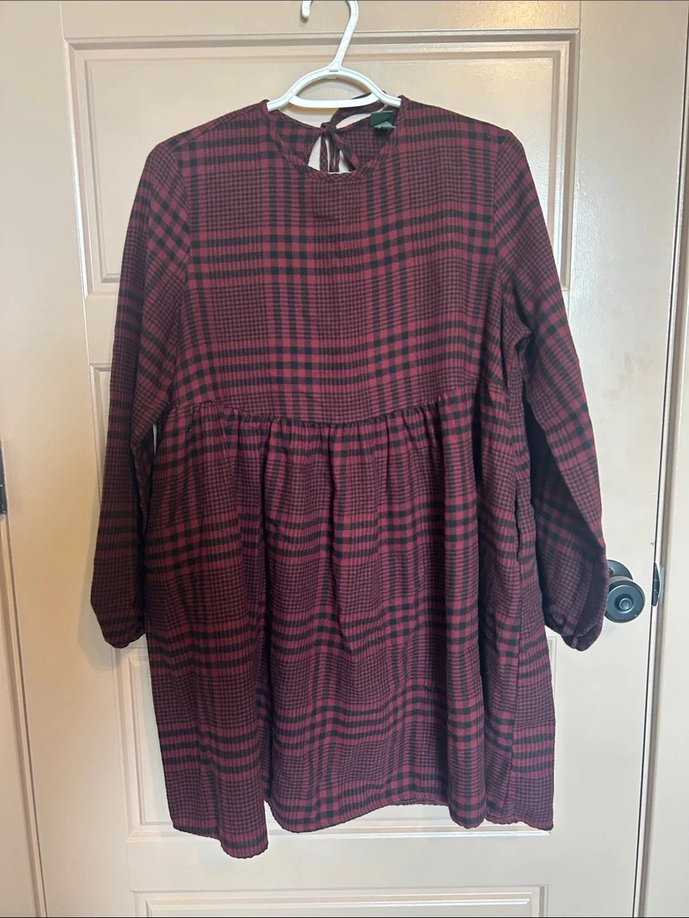 wild fable Burgundy Plaid Long-Sleeve Babydoll Dress